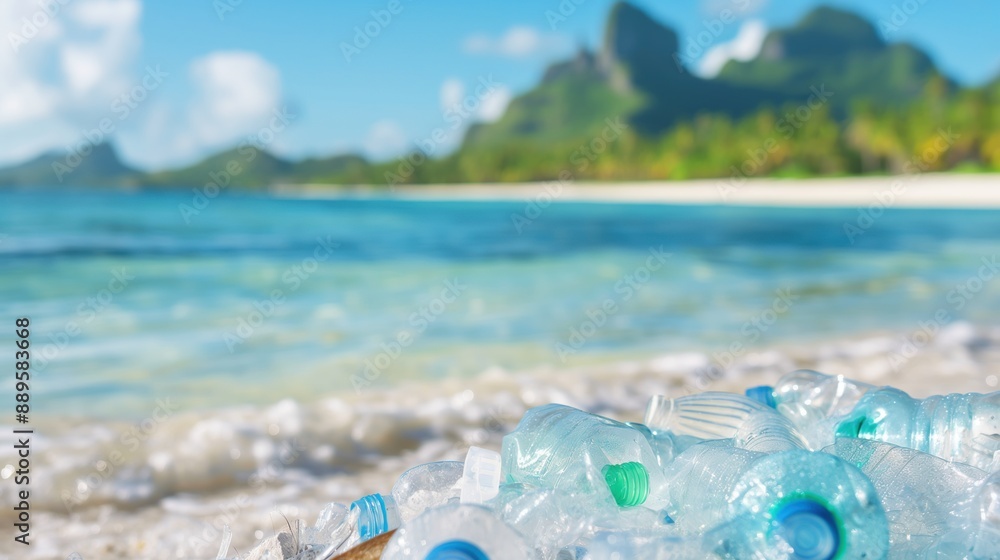 A beach with a mountain in the background and a pile of plastic bottles on the sand. A beach with a mountain in the background and a pile of plastic bottles on the sand.