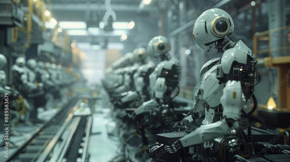 Wide shot of an automated factory with advanced robotics. Wide shot of an automated factory with advanced robotics.