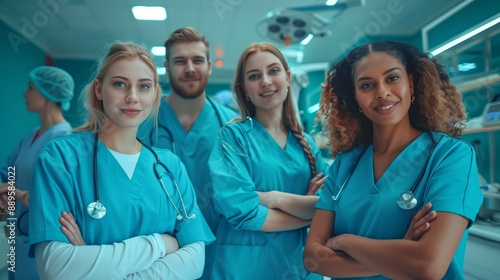 Un team diversificato di operatori sanitari uniti nell’obiettivo comune in un ambiente ospedaliero.
 photo