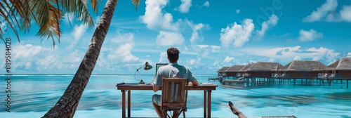 Ultra sharp photo of man working at desk, set up like he's on vacation Highlights work-life balance