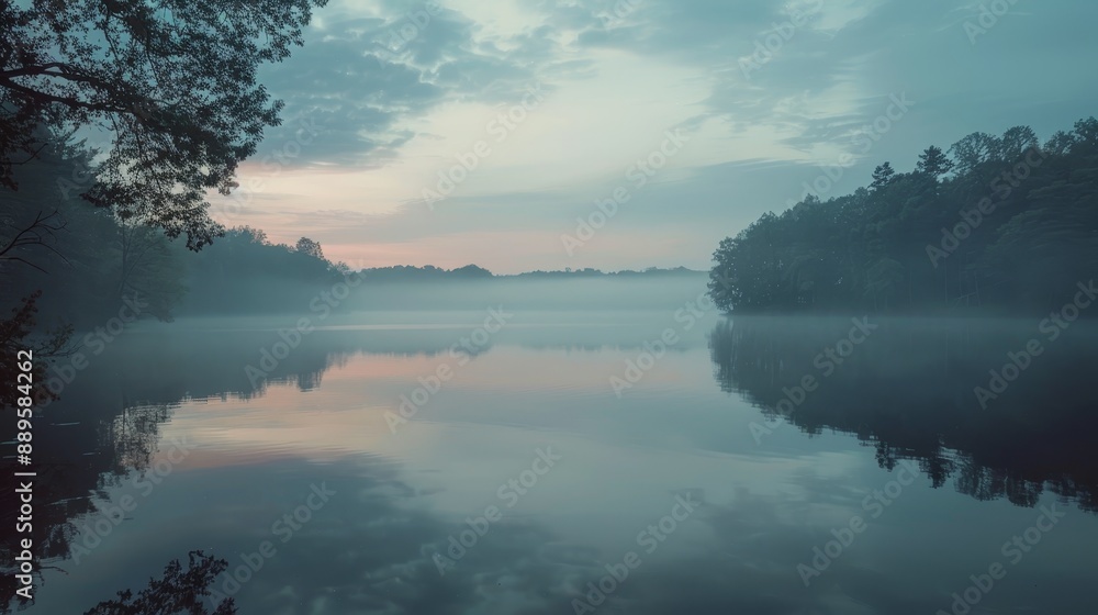 Tranquil Morning Mist Over a Forest Lake Tranquil Morning Mist Over a Forest Lake