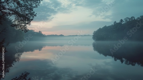 Tranquil Morning Mist Over a Forest Lake