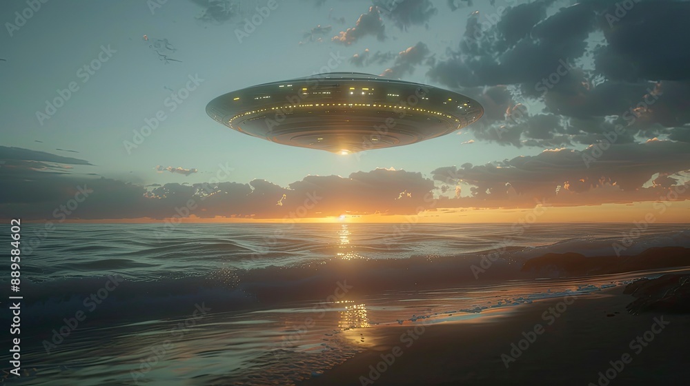 A UFO hovering above a remote beach at sunrise, its lights reflecting on the ocean waves and creating a serene and peaceful scene. A UFO hovering above a remote beach at sunrise, its lights reflecting on the ocean waves and creating a serene and peaceful scene.