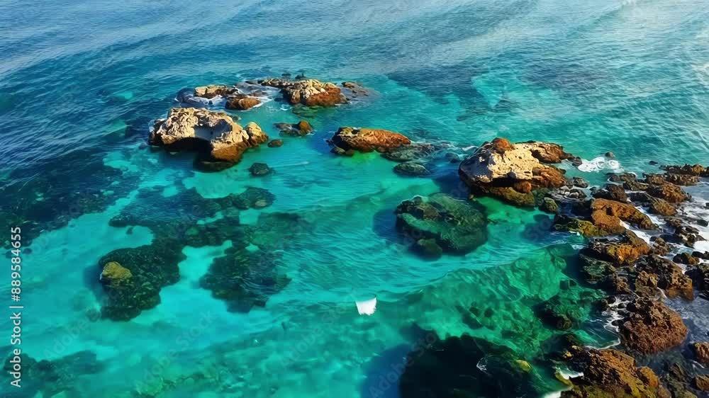 From above the coastal rock pools resemble a mesmerizing mosaic of blues and greens accented by the orange hues of vibrant coral. From above the coastal rock pools resemble a mesmerizing mosaic of blues and greens accented by the orange hues of vibrant coral.