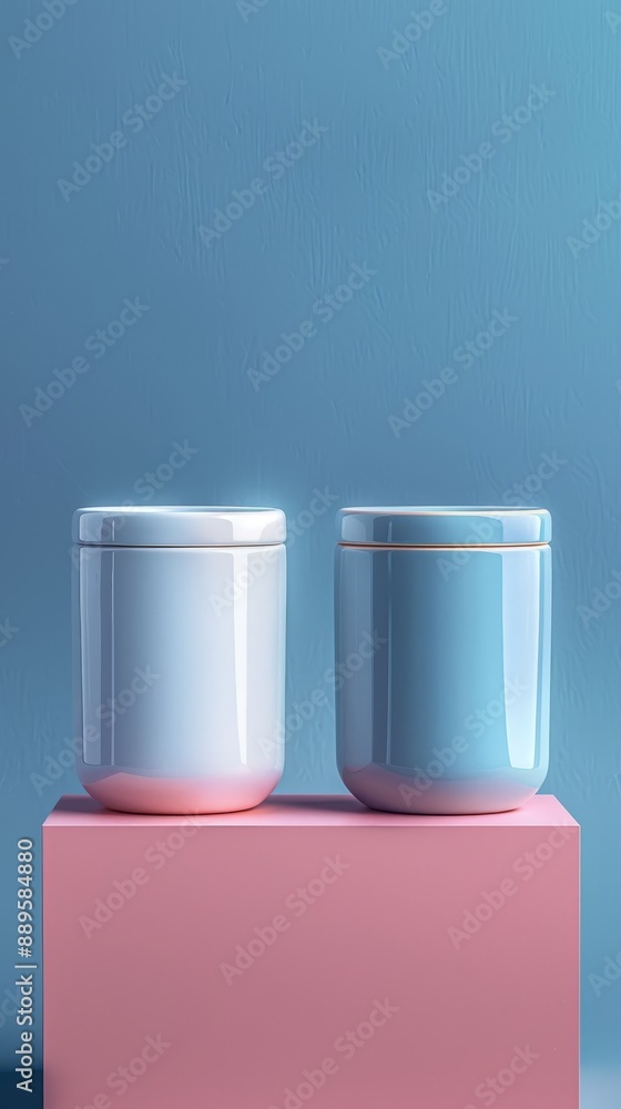 Two white and blue cups are on a pink base Two white and blue cups are on a pink base