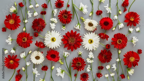 Flowers composition pattern made of red white flowers on pastel gray background spring concept flat lay top view square
