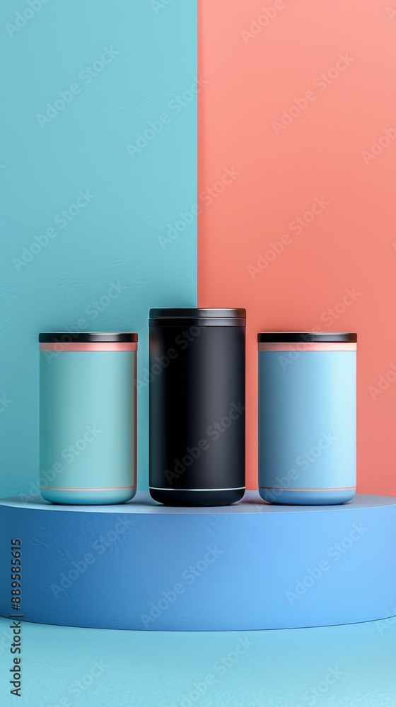Three different colored cups are displayed on a blue and red background Three different colored cups are displayed on a blue and red background