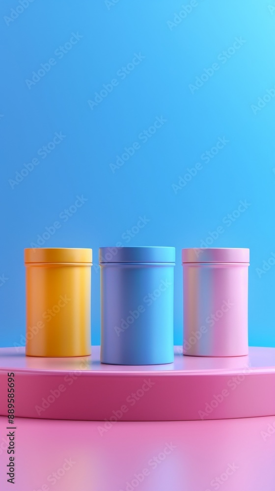 Three containers of different colors are placed on a pink and blue surface Three containers of different colors are placed on a pink and blue surface