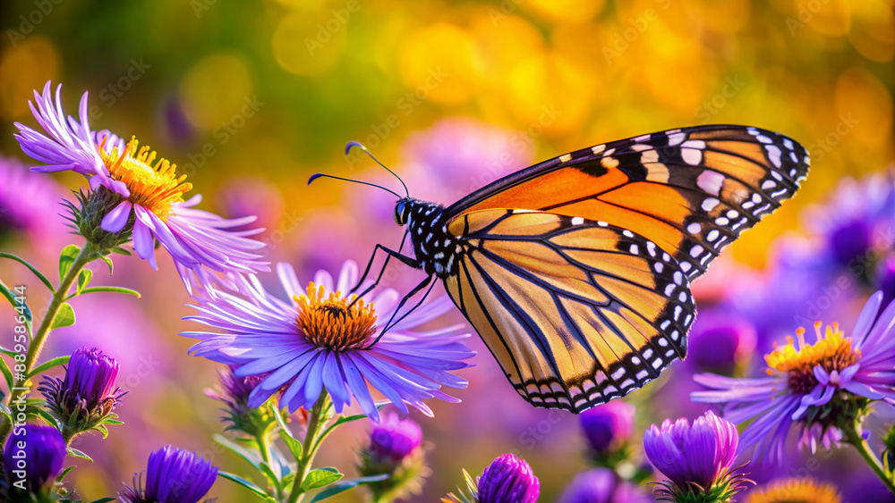 Vibrant female monarch butterfly perches on purple aster flower amidst colorful summer blooms, warm light illuminating delicate wings in stunning autumnal floral landscape. Vibrant female monarch butterfly perches on purple aster flower amidst colorful summer blooms, warm light illuminating delicate wings in stunning autumnal floral landscape.