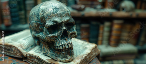 Human skull lying on an old book