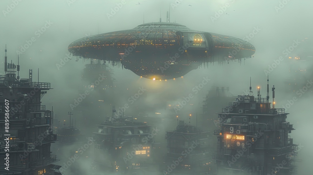 A UFO hovering above a dense urban area in the mist, its lights piercing through the fog and creating an eerie and mysterious atmosphere. A UFO hovering above a dense urban area in the mist, its lights piercing through the fog and creating an eerie and mysterious atmosphere.