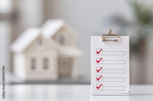 Home inspection checklist with red check marks on clipboard, miniature house model in the background. Real estate and home buying concept.