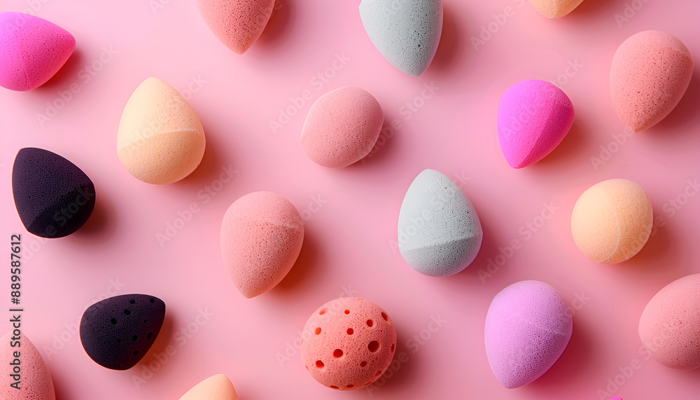 Many different makeup sponges on pink background, top view. Space for text