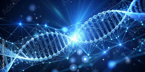 Abstract Blue DNA Double Helix,  Digital Illustration, 3D Render, Biotechnology , Genome , Biology , Genetics photo