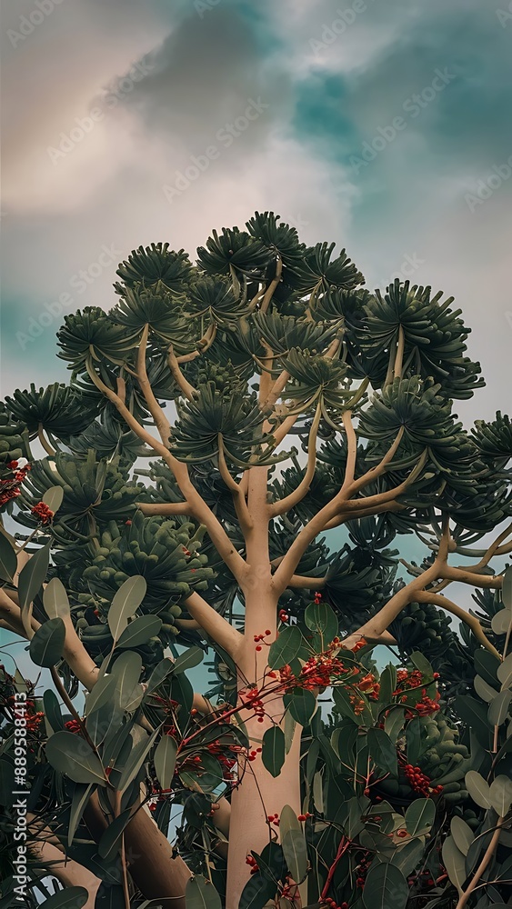 Top view of eucalyptus leaves and red berries Top view of eucalyptus leaves and red berries