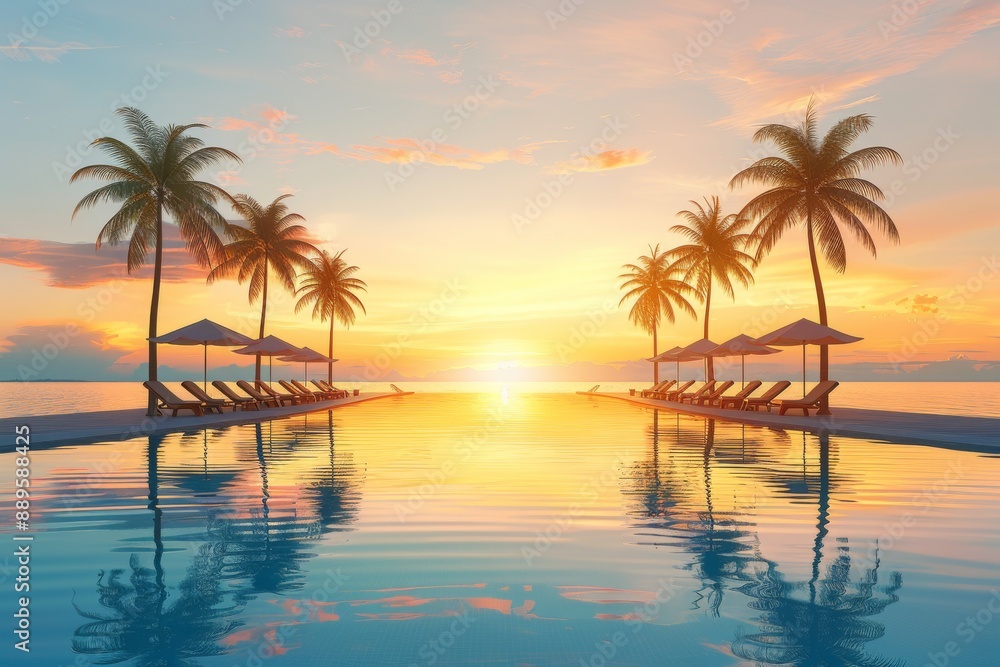 Tropical paradise with a serene sunset over the ocean and silhouettes of palm trees Tropical paradise with a serene sunset over the ocean and silhouettes of palm trees