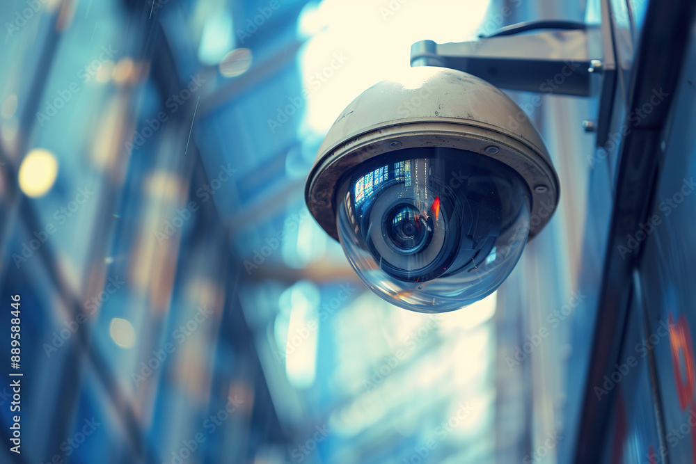 A camera is mounted on a wall in a hallway. A camera is mounted on a wall in a hallway.