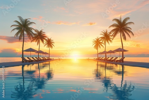 Tropical paradise with a serene sunset over the ocean and silhouettes of palm trees