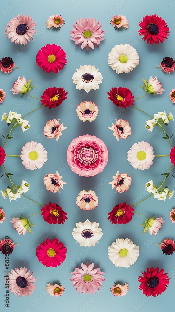 Top view of organic fresh flowers arranged in beautiful compositions on light blue background Top view of organic fresh flowers arranged in beautiful compositions on light blue background