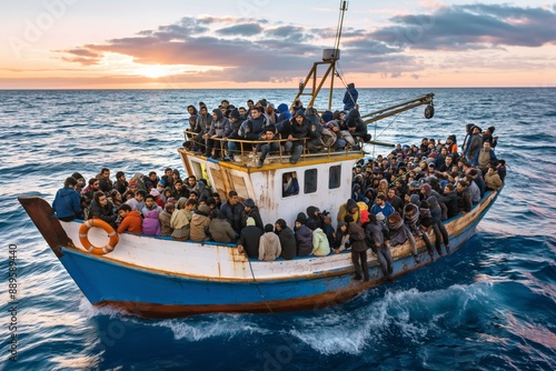 Overcrowded boat of migrants at sea during sunset