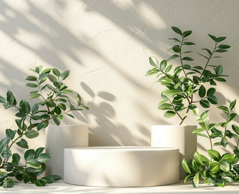 Sunlit Minimalist Podium with Greenery - Ideal for Beauty, Skincare, and Wellness Branding Sunlit Minimalist Podium with Greenery - Ideal for Beauty, Skincare, and Wellness Branding