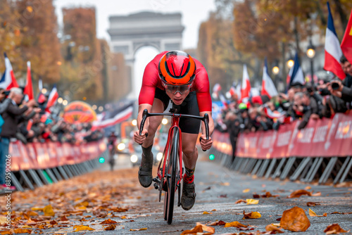 Cyclist Racing in Front of Arc de Triomphe in Autumn photo