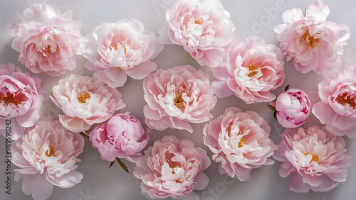 Beautiful peony flowers on light background top view