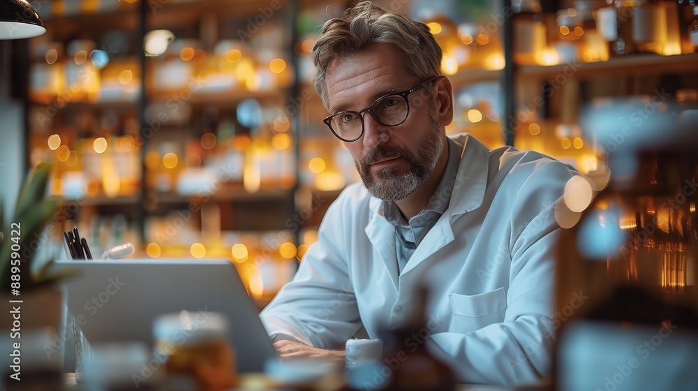 Male Scientist Working on Laptop. Male scientist in a lab coat and glasses works on a laptop in a well-equipped laboratory, indicating modern scientific research and analysis. Male Scientist Working on Laptop. Male scientist in a lab coat and glasses works on a laptop in a well-equipped laboratory, indicating modern scientific research and analysis.