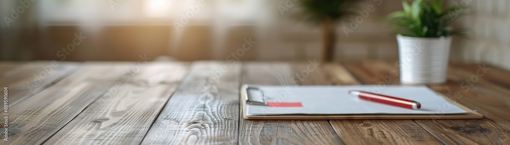 Minimalist office space with clipboard and red pencil on wooden desk, with a green plant in the background. Bright and cozy workspace.
