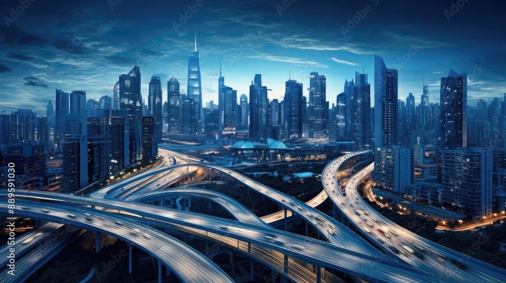 Urban Skyline with Intertwined Highways at Night. Urban Skyline with Intertwined Highways at Night.