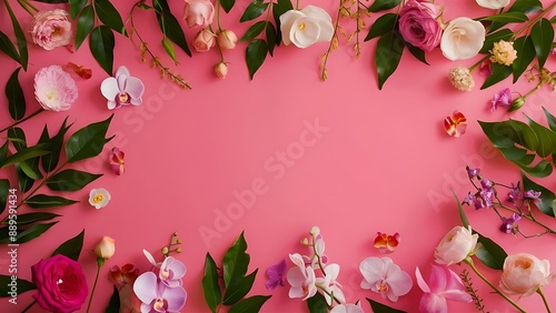 Beautiful pink background with flowers and green leaves natural background beautiful