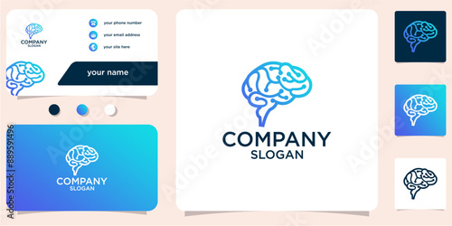 brain combination logo with dot molecules and business card design