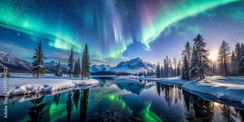 Wallpaper Mural Aurora Borealis Reflecting on a Frozen Lake, Mountains, and Trees, winter, aurora, landscape, nature Torontodigital.ca