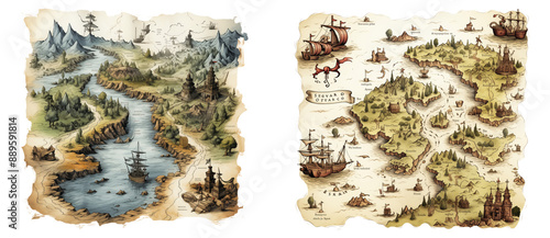 Set of two treasure maps comic style. 