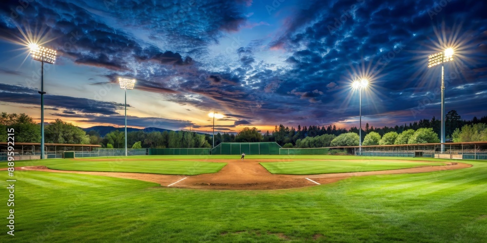 Obraz premium Baseball Field at Dusk with Dramatic Clouds and Lights, baseball , field , sport , dusk