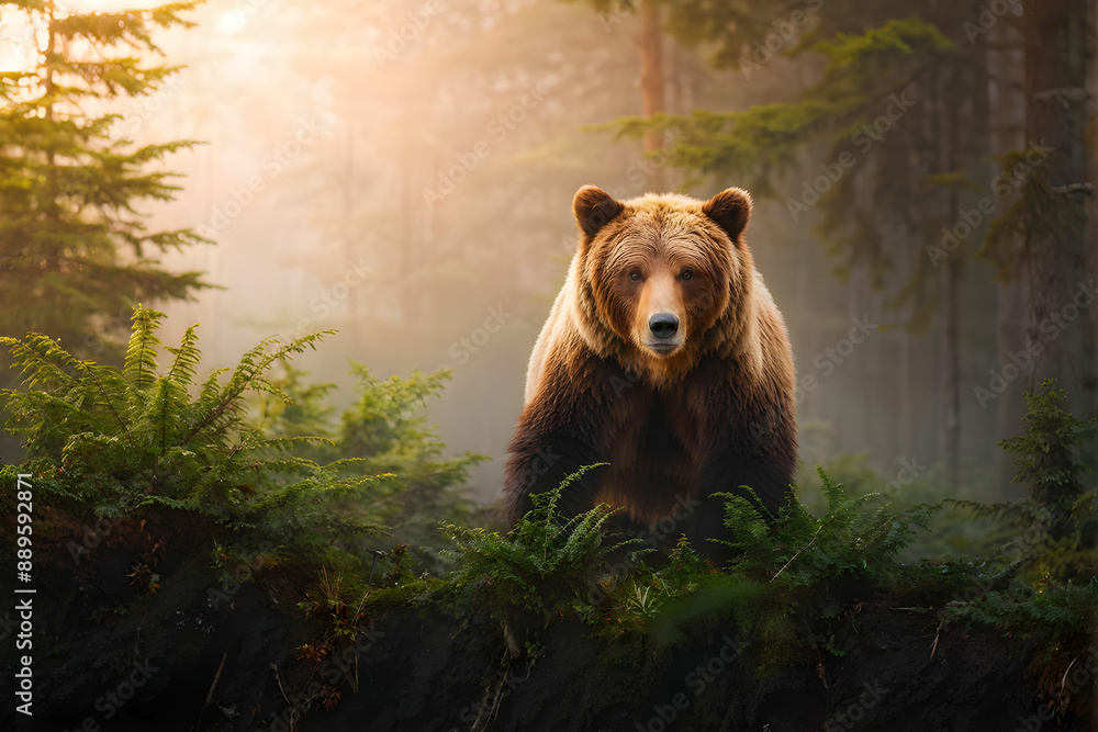Fototapeta premium Intimidating grizzly standing in the leafy forest