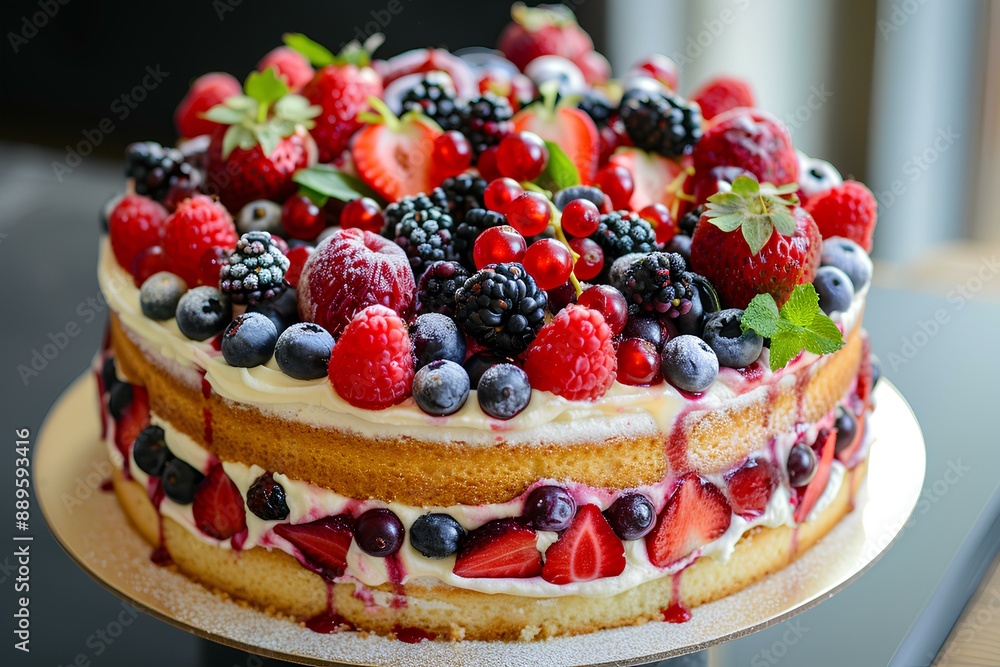 A close up of a cake with berries on top A close up of a cake with berries on top
