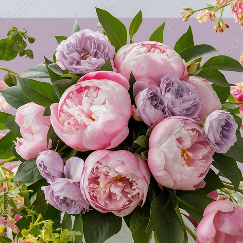 Rich bunch of pink peonies and lilac eustoma roses flowers green leaf fresh spring bouquet