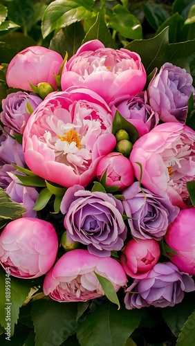 Rich bunch of pink peonies and lilac eustoma roses flowers green leaf fresh spring bouquet