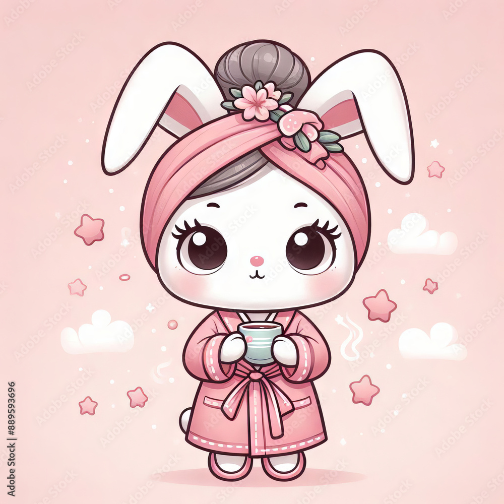 Cute bunny in robe with coffee