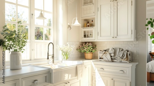 A bright and airy laundry room with white cabinetry, a farmhouse sink, and a folding station, illuminated by natural light from a large window.