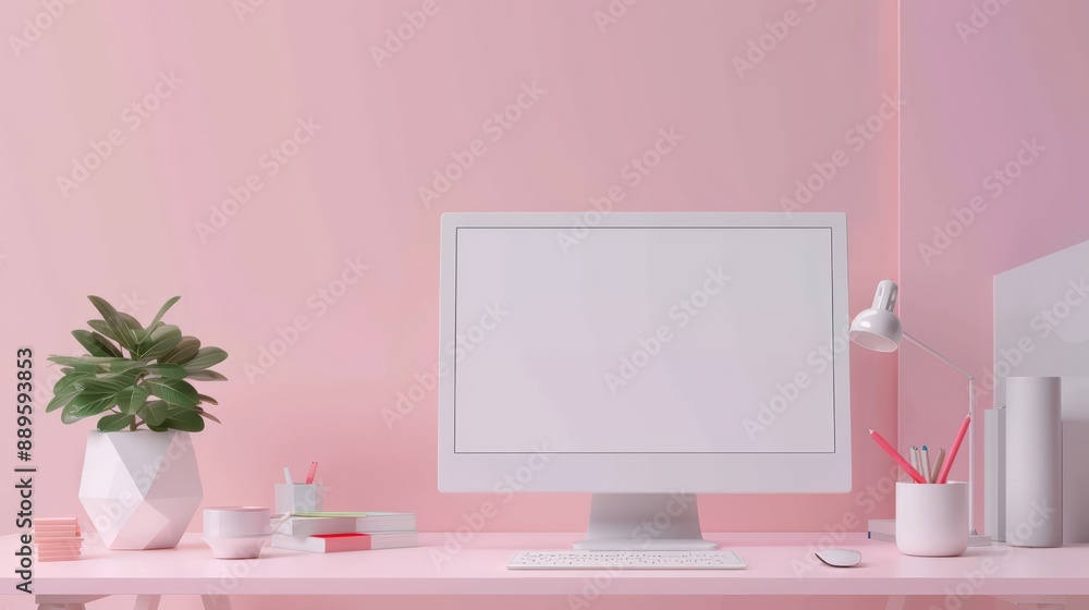 Modern minimalist pink workspace with desktop computer, stationery, and plant. Clean, stylish, and organized office setup with pastel tones. Modern minimalist pink workspace with desktop computer, stationery, and plant. Clean, stylish, and organized office setup with pastel tones.