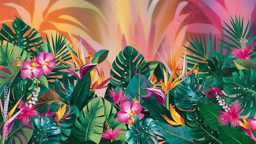 Composition of beautiful tropical leaves and flowers on color background