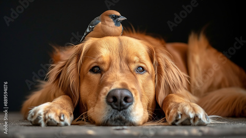 A telephoto angle photo of a retriever lying down with a bird perched on its head, both looking content, with copy space photo