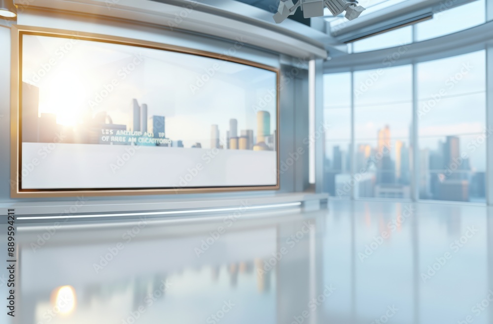 Modern office interior with panoramic city views and large presentation screen, ideal for business meetings and presentations. Modern office interior with panoramic city views and large presentation screen, ideal for business meetings and presentations.