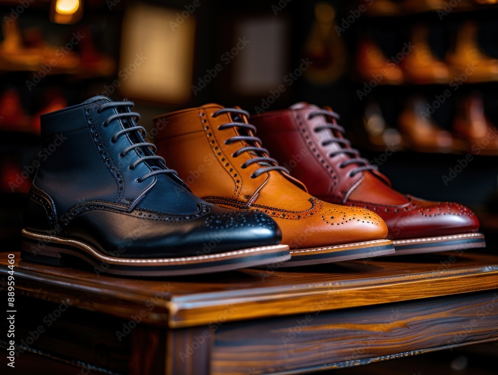 Elegant men's brogue boots in three distinct colors on display Elegant men's brogue boots in three distinct colors on display