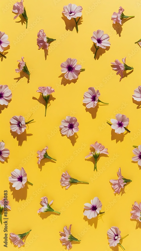 Spring composition of pink flowers on yellow background creative layout flat lay top view summer minimal concept Spring composition of pink flowers on yellow background creative layout flat lay top view summer minimal concept