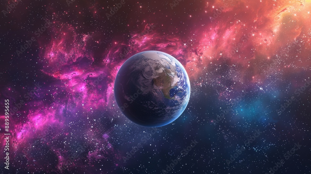 Earth From Space with a Stunning Pink and Blue Nebula Background Earth From Space with a Stunning Pink and Blue Nebula Background
