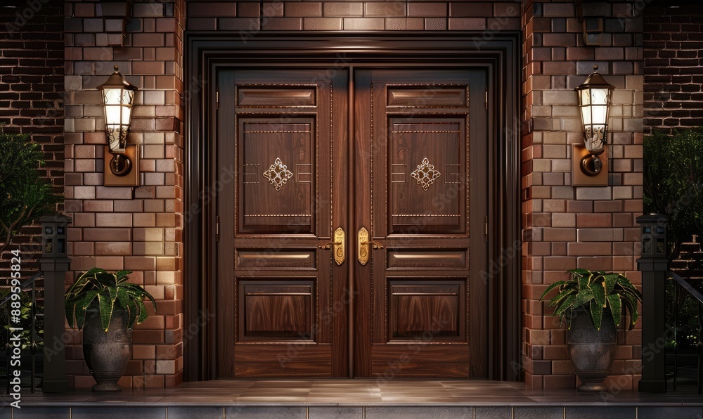 Elegant Wooden Front Door with Lamps