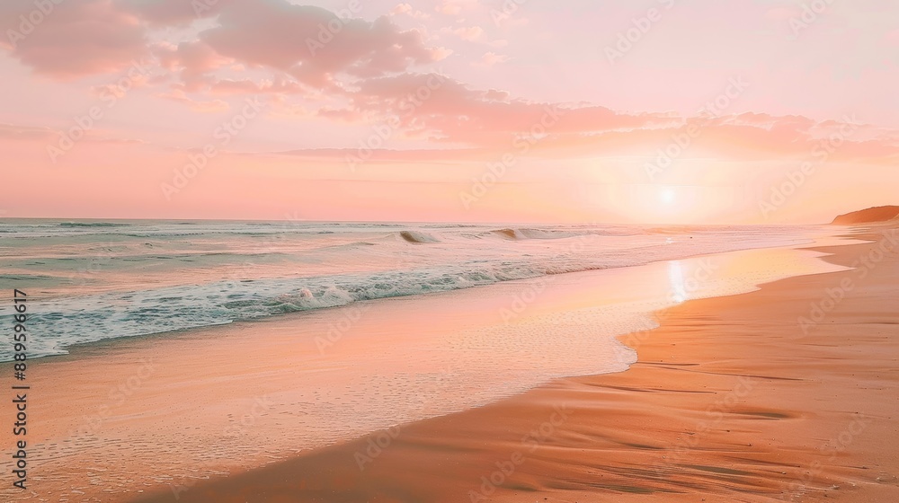 Pink Sunset Over Ocean Beach Landscape With Golden Sand And Gentle Waves Pink Sunset Over Ocean Beach Landscape With Golden Sand And Gentle Waves